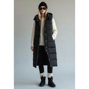 NEW Womens Small Black Long Puffer Vest Hooded Sleeveless Quilted Side Snaps